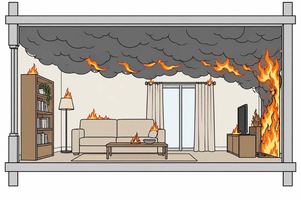 Flashover: capa de gasos calents al terç superior de la sala i ignició simultània de tots els combustibles