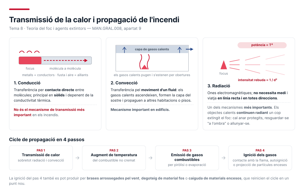 Esquema de la conducció, la convecció i la radiació i cicle de propagació en quatre passos
